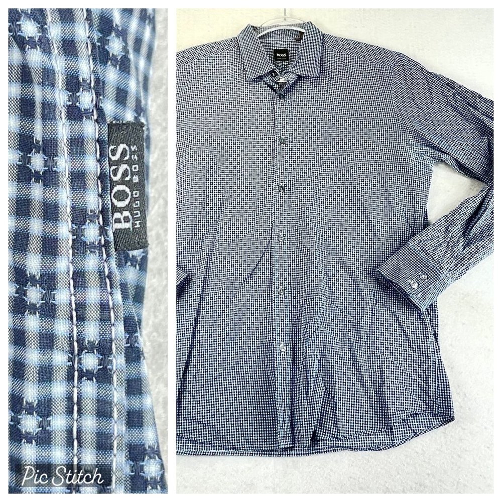 BOSS HUGO BOSS Mens L Blue Patterned Long Sleeve Button Down Shirt